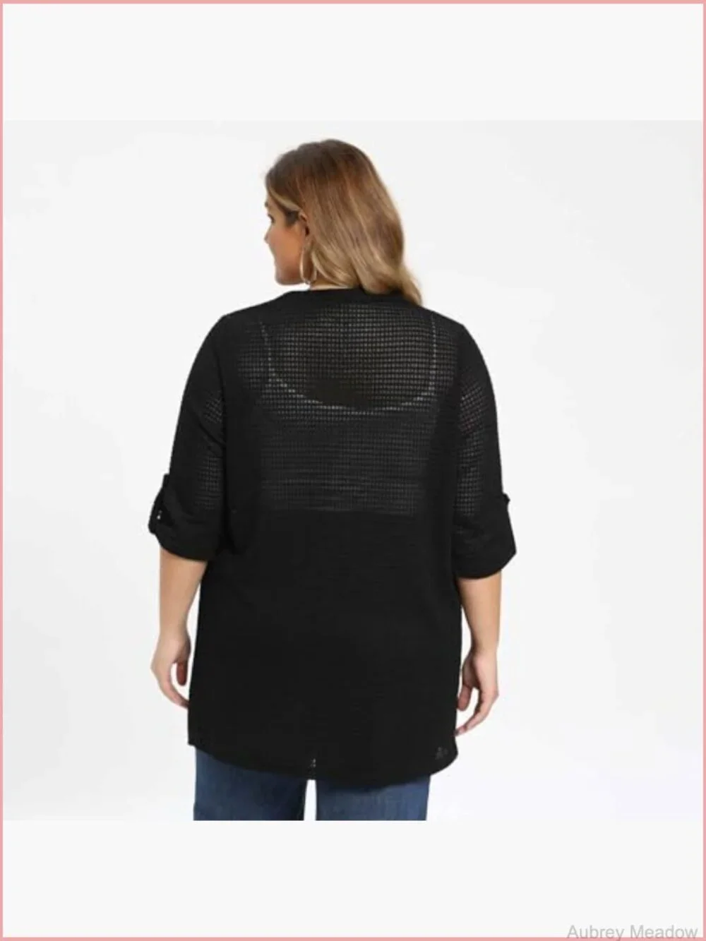 Plus Size Hollow Out 3/4 Sleeve Side Slits Cardigan Cover Up